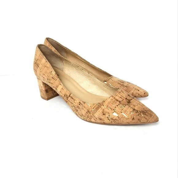 Kate Spade Aerial Block Heels Pointed Toe Cork Gold Flecked Tan Pumps Size 8.5M - Picture 2 of 8